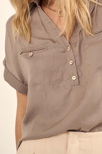 Open Heart Matte Satin Half-Button Pocket Shirt - ShopPromesa