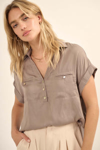 Open Heart Matte Satin Half-Button Pocket Shirt - ShopPromesa