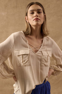 True Nature Balloon-Sleeve Pocket Peasant Top - ShopPromesa