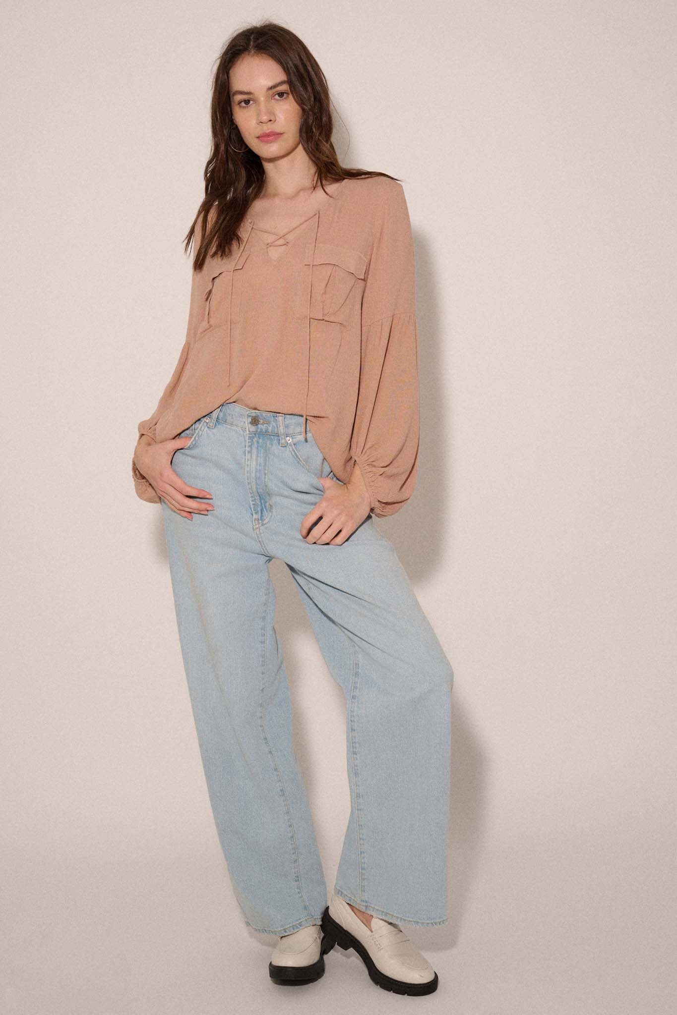 True Nature Balloon-Sleeve Pocket Peasant Top - ShopPromesa