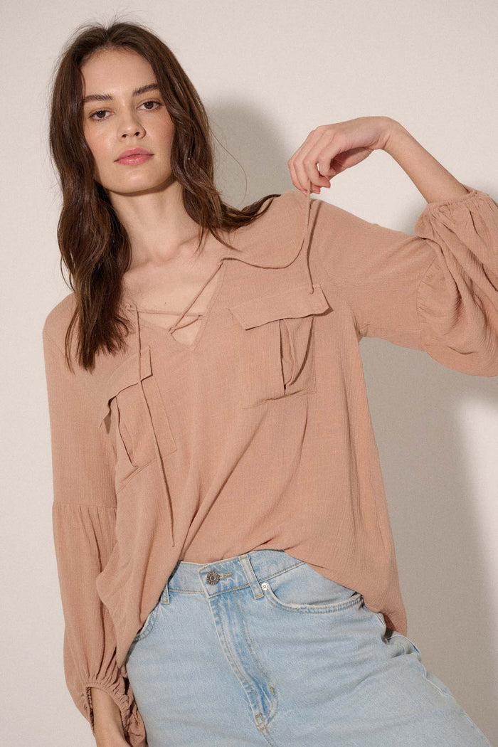 True Nature Balloon-Sleeve Pocket Peasant Top - ShopPromesa