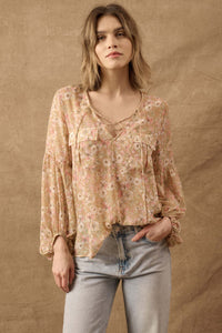 Floral Flair Lace-Up Floral Chiffon Peasant Top - ShopPromesa