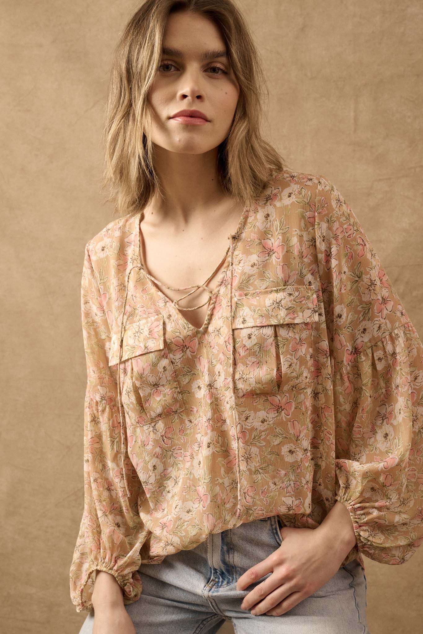 Floral Flair Lace-Up Floral Chiffon Peasant Top - ShopPromesa