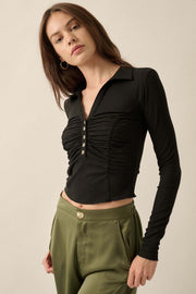 Ribbed Knit Ruched Collared Henley Top - ShopPromesa