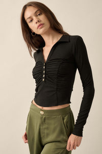 Ribbed Knit Ruched Collared Henley Top - ShopPromesa