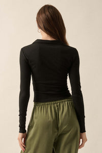 Ribbed Knit Ruched Collared Henley Top - ShopPromesa