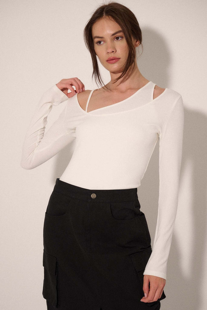 Ribbed Knit Layered Asymmetrical Long-Sleeve Top - ShopPromesa