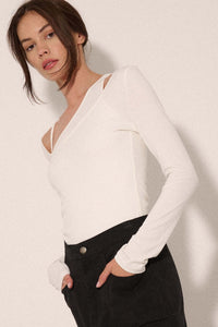 Ribbed Knit Layered Asymmetrical Long-Sleeve Top - ShopPromesa