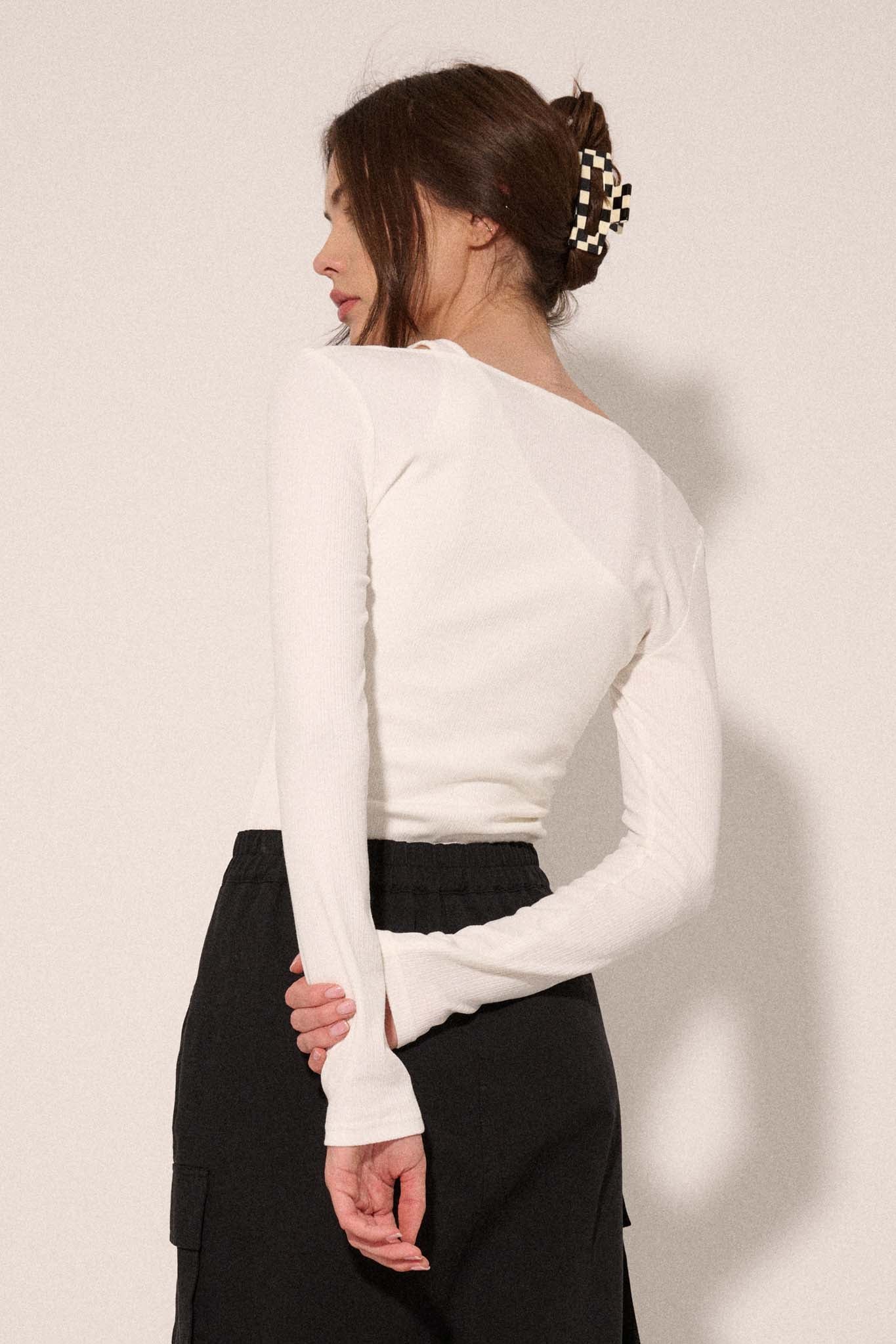 Ribbed Knit Layered Asymmetrical Long-Sleeve Top - ShopPromesa