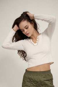 Ribbed Knit Long-Sleeve Split-Neck Henley Top - ShopPromesa