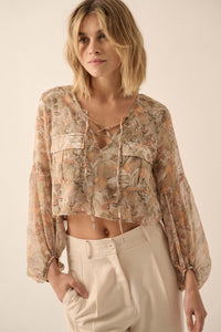 Bouquet by Me Floral Chiffon Cropped Peasant Top - ShopPromesa