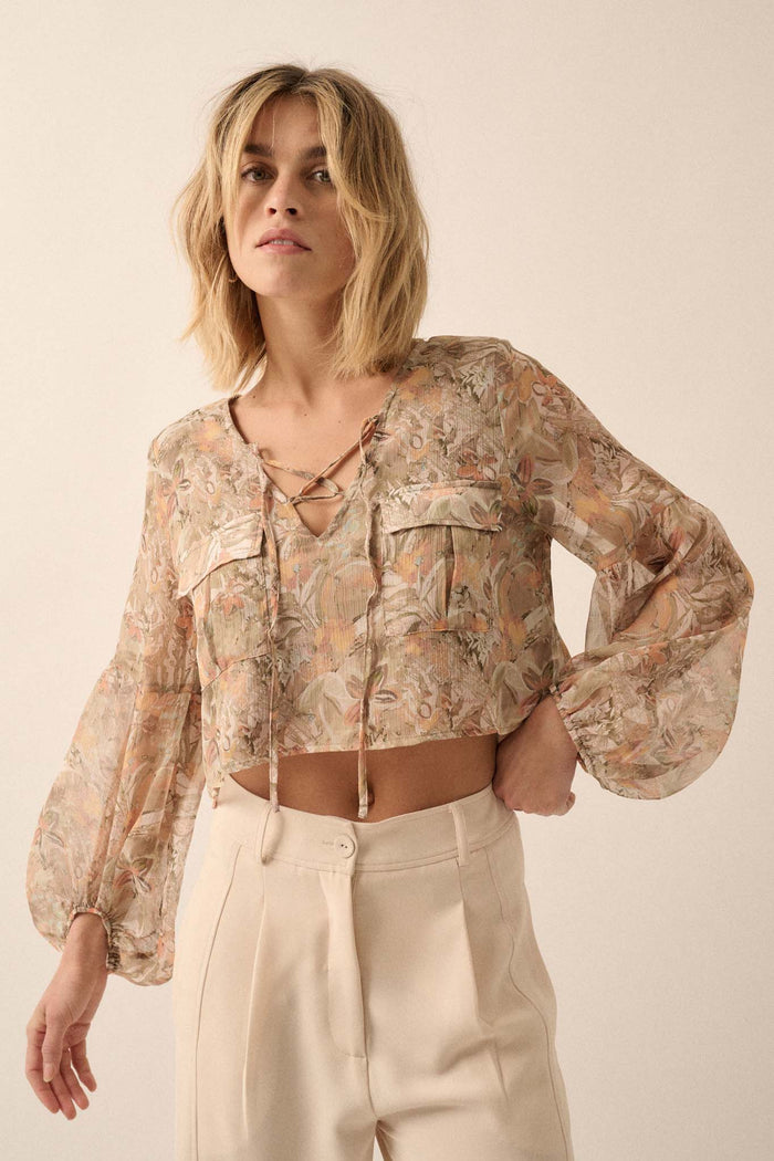 Bouquet by Me Floral Chiffon Cropped Peasant Top - ShopPromesa