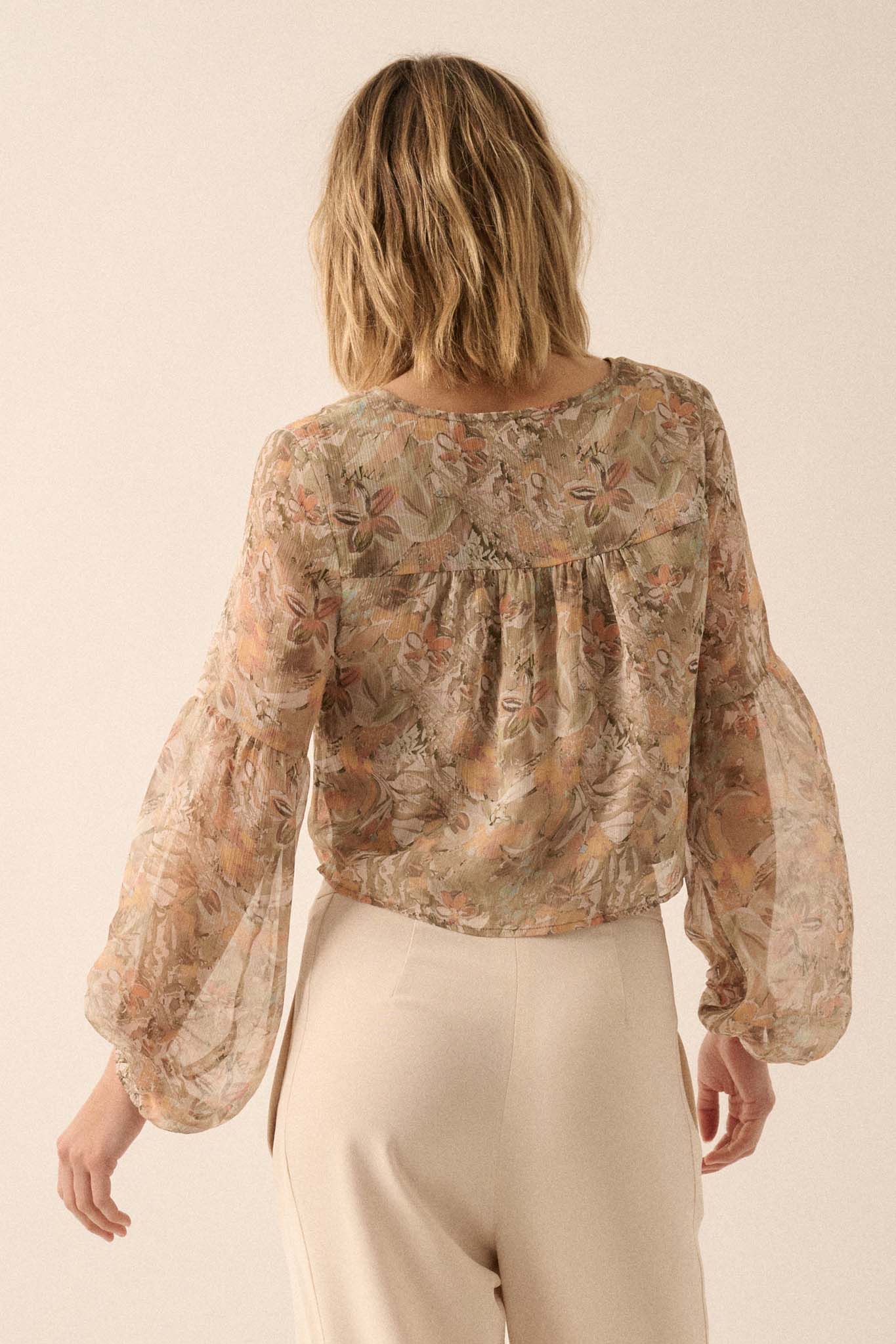 Bouquet by Me Floral Chiffon Cropped Peasant Top - ShopPromesa