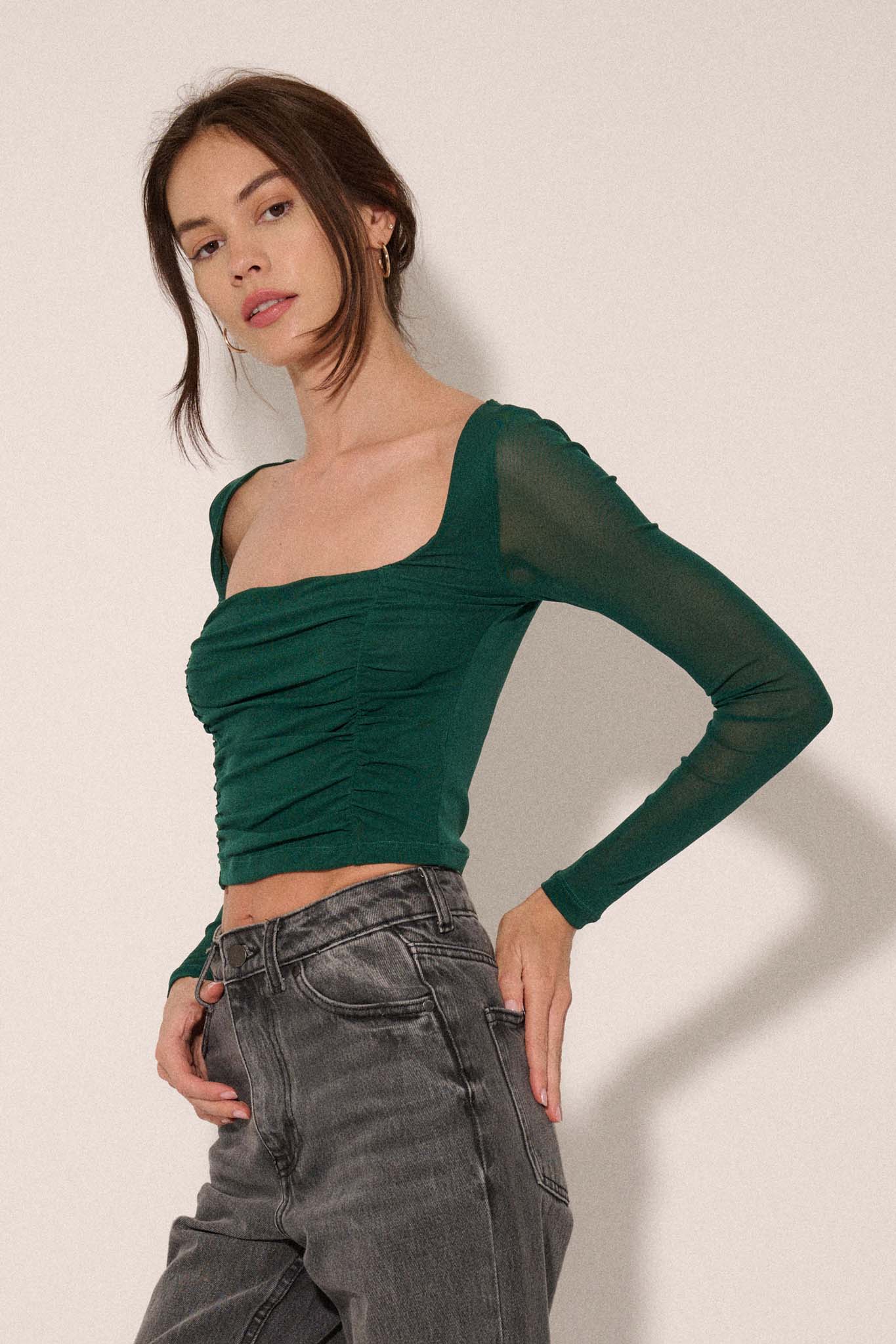 Sheer and Now Ruched Mesh Square Neck Crop Top - ShopPromesa