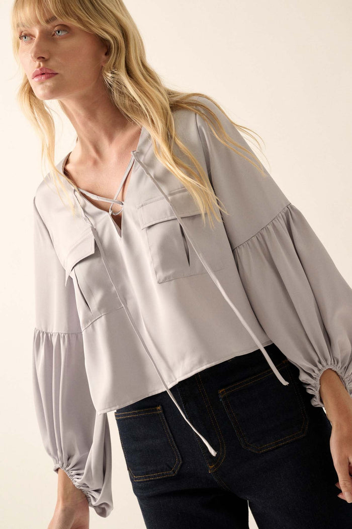 Touch of Silk Matte Satin Lace-Up Peasant Top - ShopPromesa