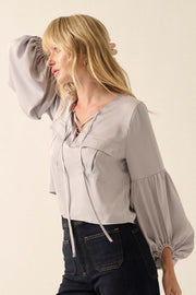 Touch of Silk Matte Satin Lace-Up Peasant Top - ShopPromesa