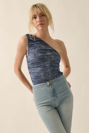 Indigo Girl Denim-Print Mesh One-Shoulder Bodysuit - ShopPromesa