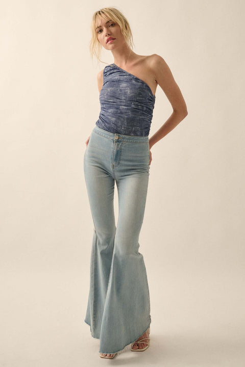Indigo Girl Denim-Print Mesh One-Shoulder Bodysuit - ShopPromesa