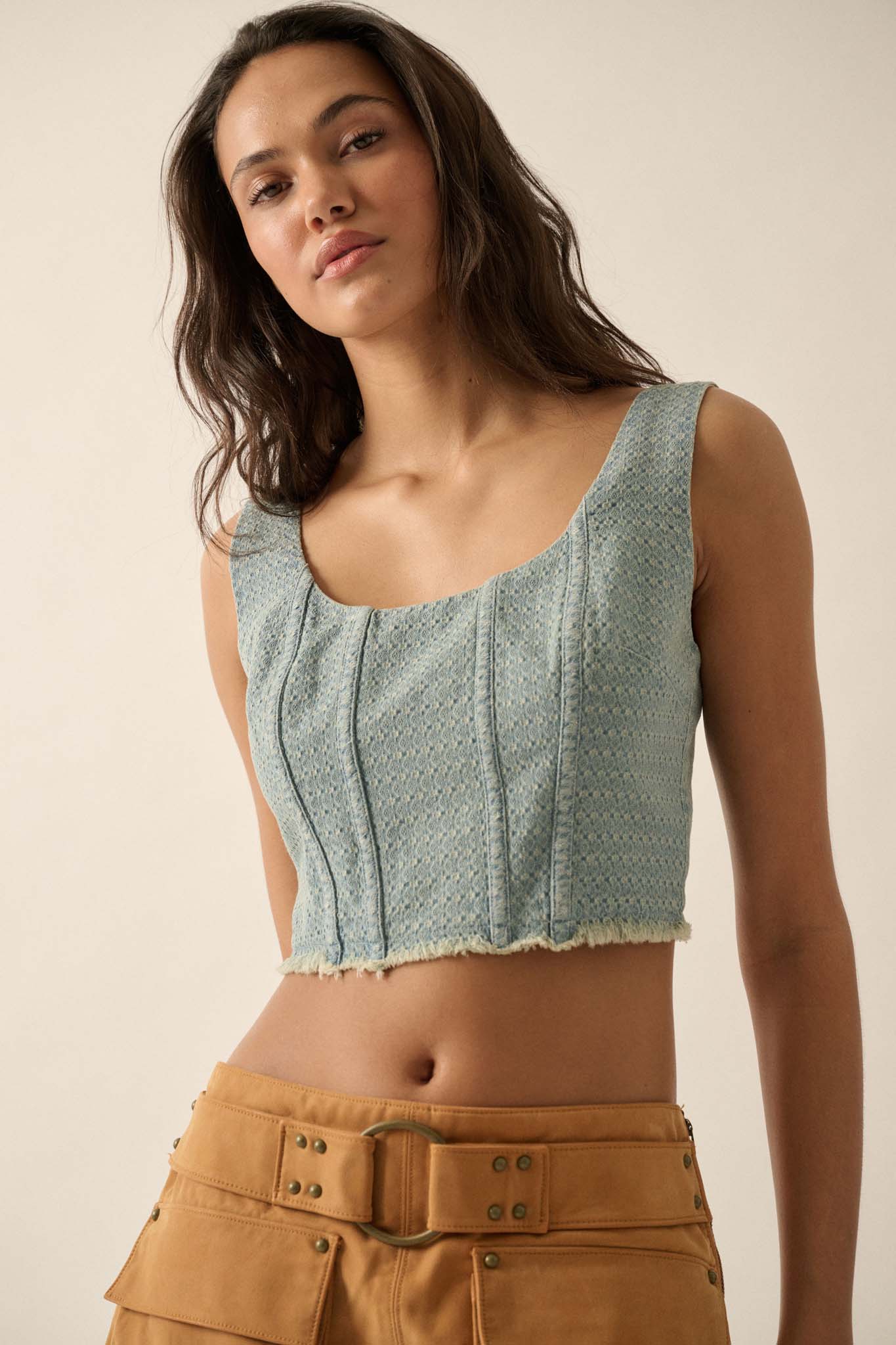 True Blue Jacquard Denim Cropped Corset Tank Top - ShopPromesa