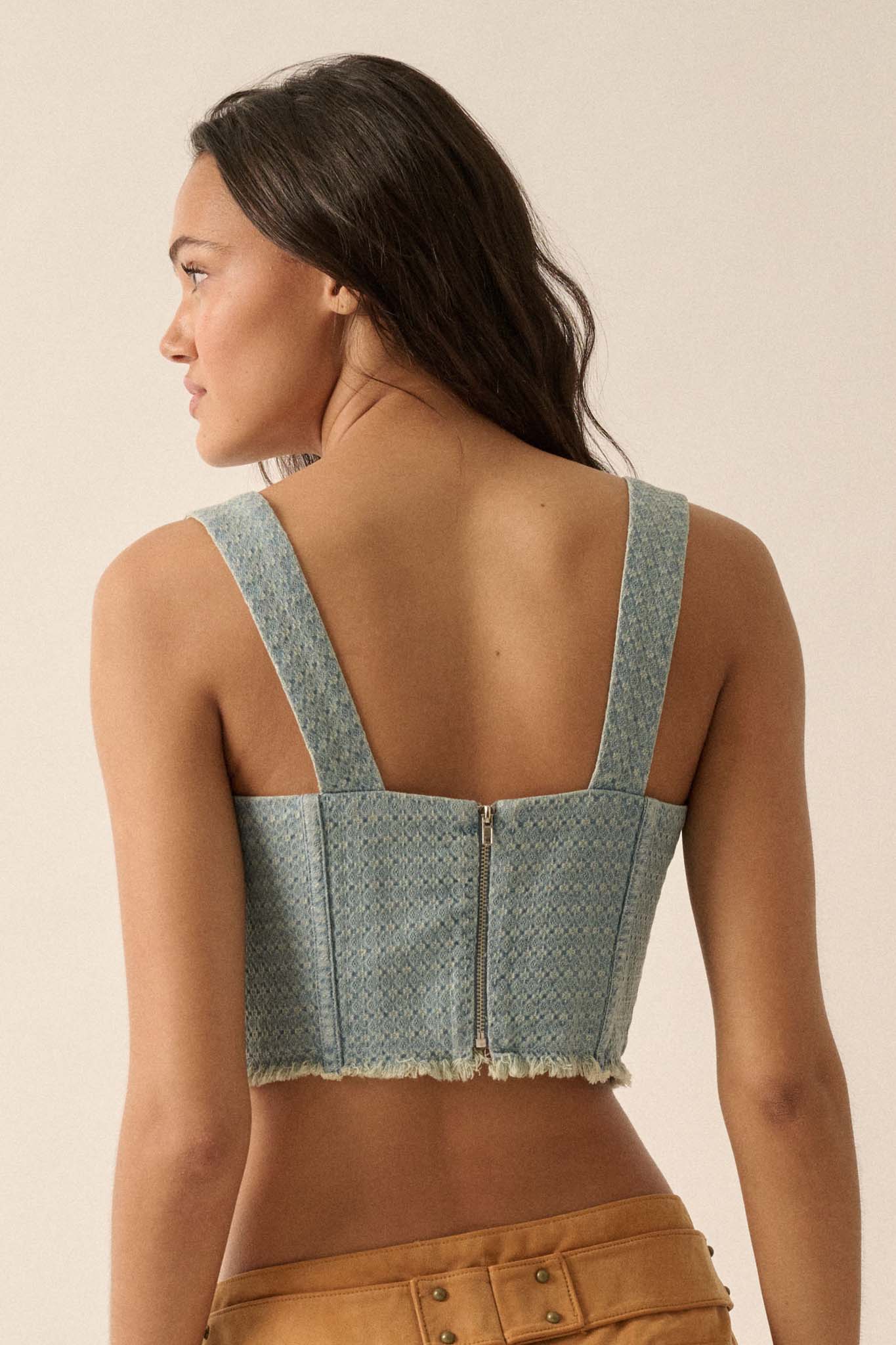 True Blue Jacquard Denim Cropped Corset Tank Top - ShopPromesa