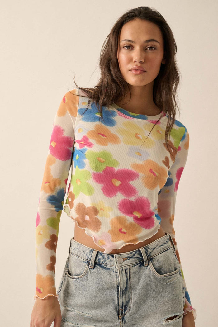 Flower Fest Floral Mesh Long-Sleeve V-Hem Top - ShopPromesa