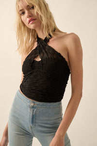 Shock Wave Ruched Mesh Cross-Front Wrap Halter Top - ShopPromesa