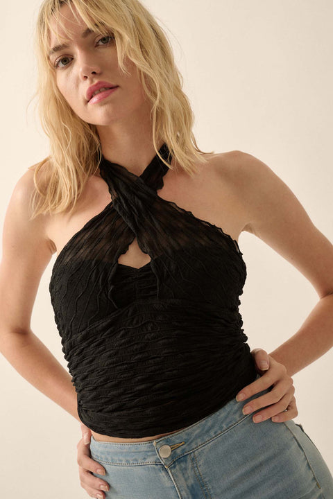 Shock Wave Ruched Mesh Cross-Front Wrap Halter Top - ShopPromesa