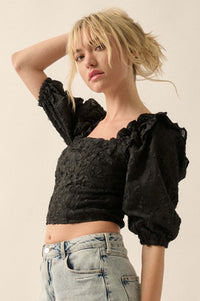 Sitting Pretty Floral Ribbon Lace Puff-Sleeve Top - ShopPromesa