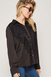Pefectly Posh Lace-Trim Button-Up Satin Shirt - ShopPromesa
