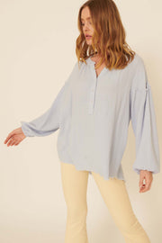 With Love Crinkle Cotton Bubble-Sleeve Henley Top - ShopPromesa