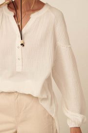 With Love Crinkle Cotton Bubble-Sleeve Henley Top - ShopPromesa