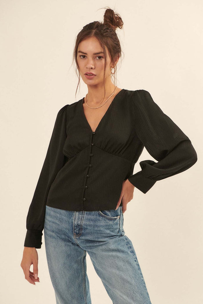 Raison d'Être Satin-Stripe Buttoned Blouse - ShopPromesa