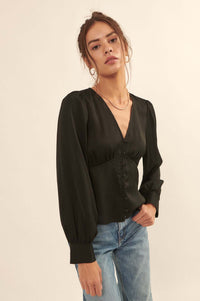 Raison d'Être Satin-Stripe Buttoned Blouse - ShopPromesa