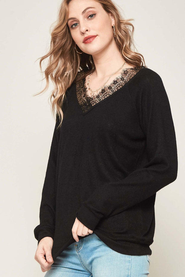 Casual Beauty Lace-Trim V-Neck Brushed Knit Top - ShopPromesa