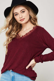 Casual Beauty Lace-Trim V-Neck Brushed Knit Top - ShopPromesa