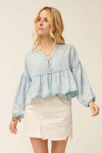 Perfect Skies Acid-Wash Denim Babydoll Top - ShopPromesa