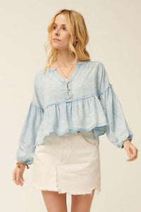 Perfect Skies Acid-Wash Denim Babydoll Top - ShopPromesa