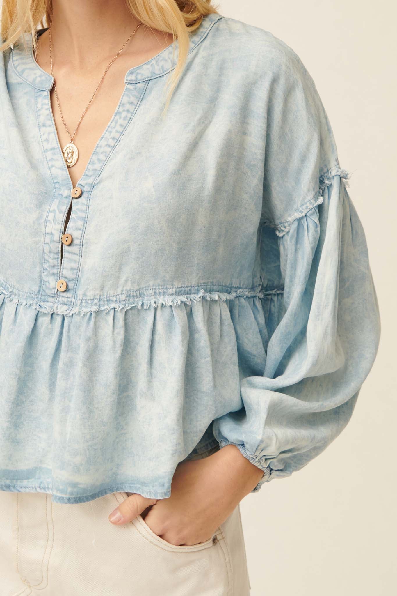 Perfect Skies Acid-Wash Denim Babydoll Top - ShopPromesa