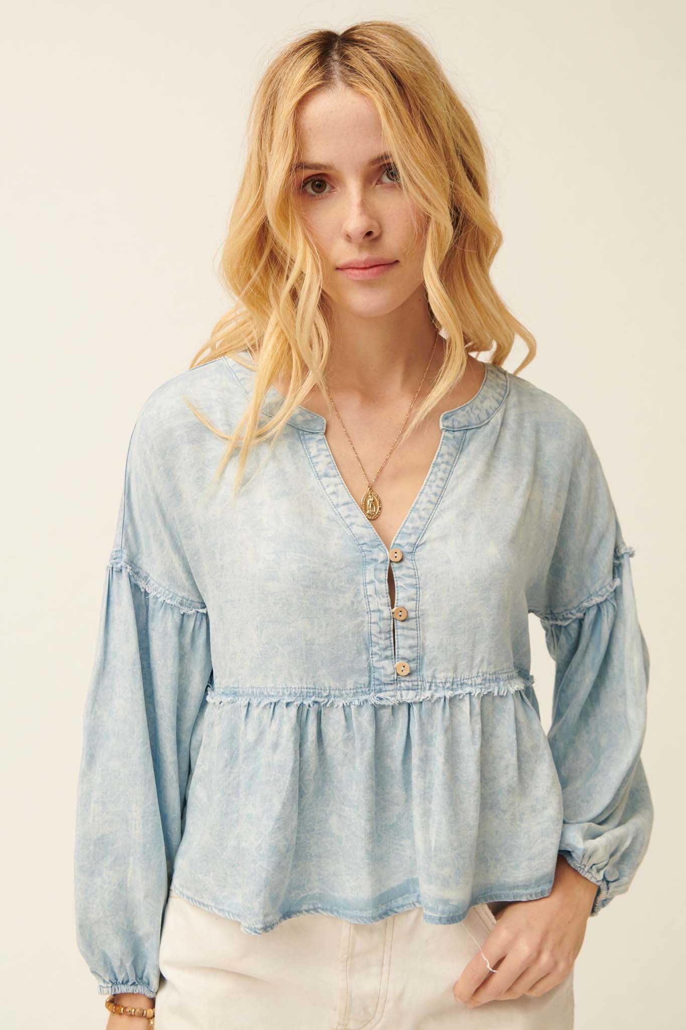 Perfect Skies Acid-Wash Denim Babydoll Top - ShopPromesa