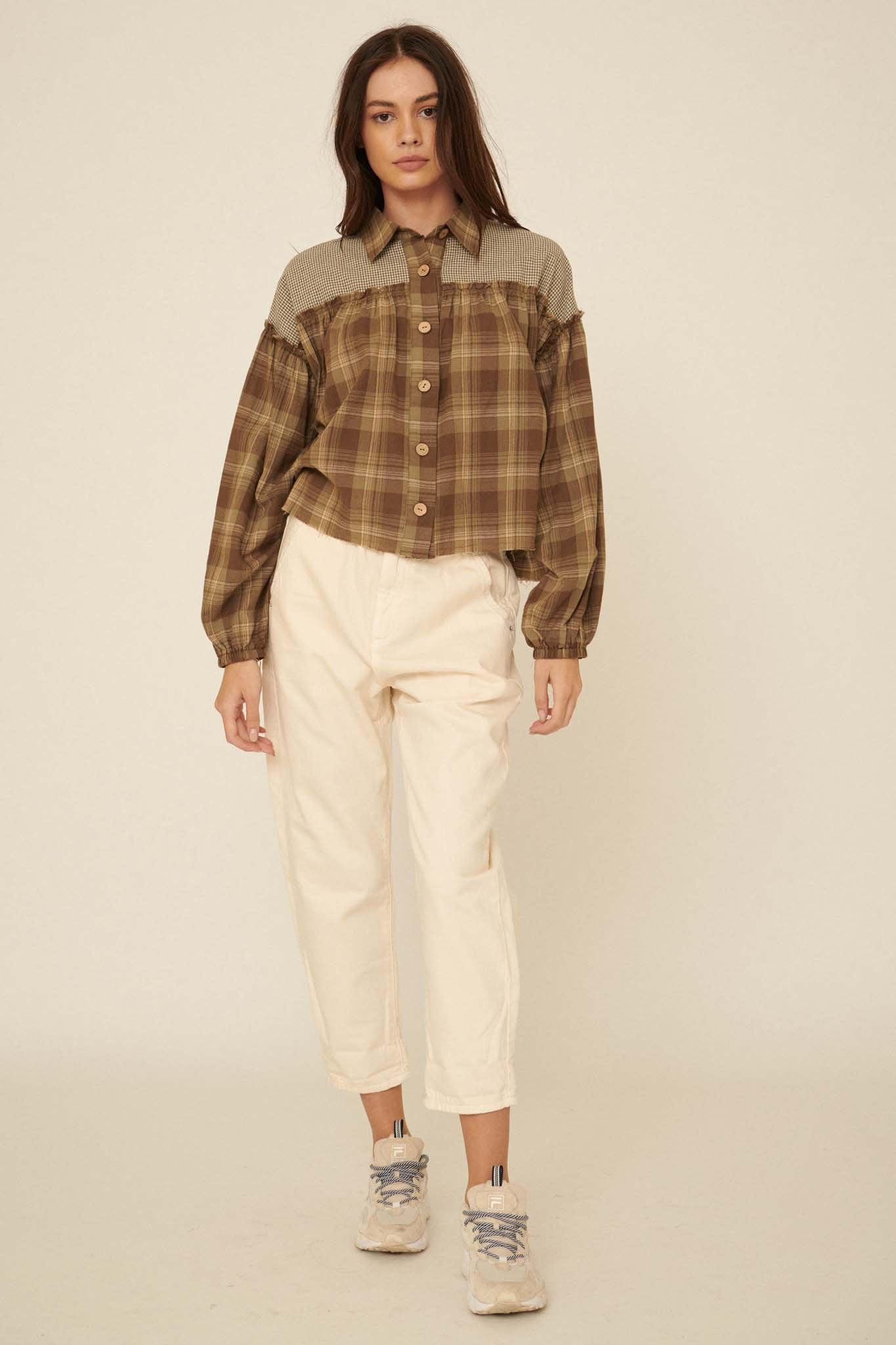 Orchard Hill Buttoned Plaid Peasant Top - ShopPromesa