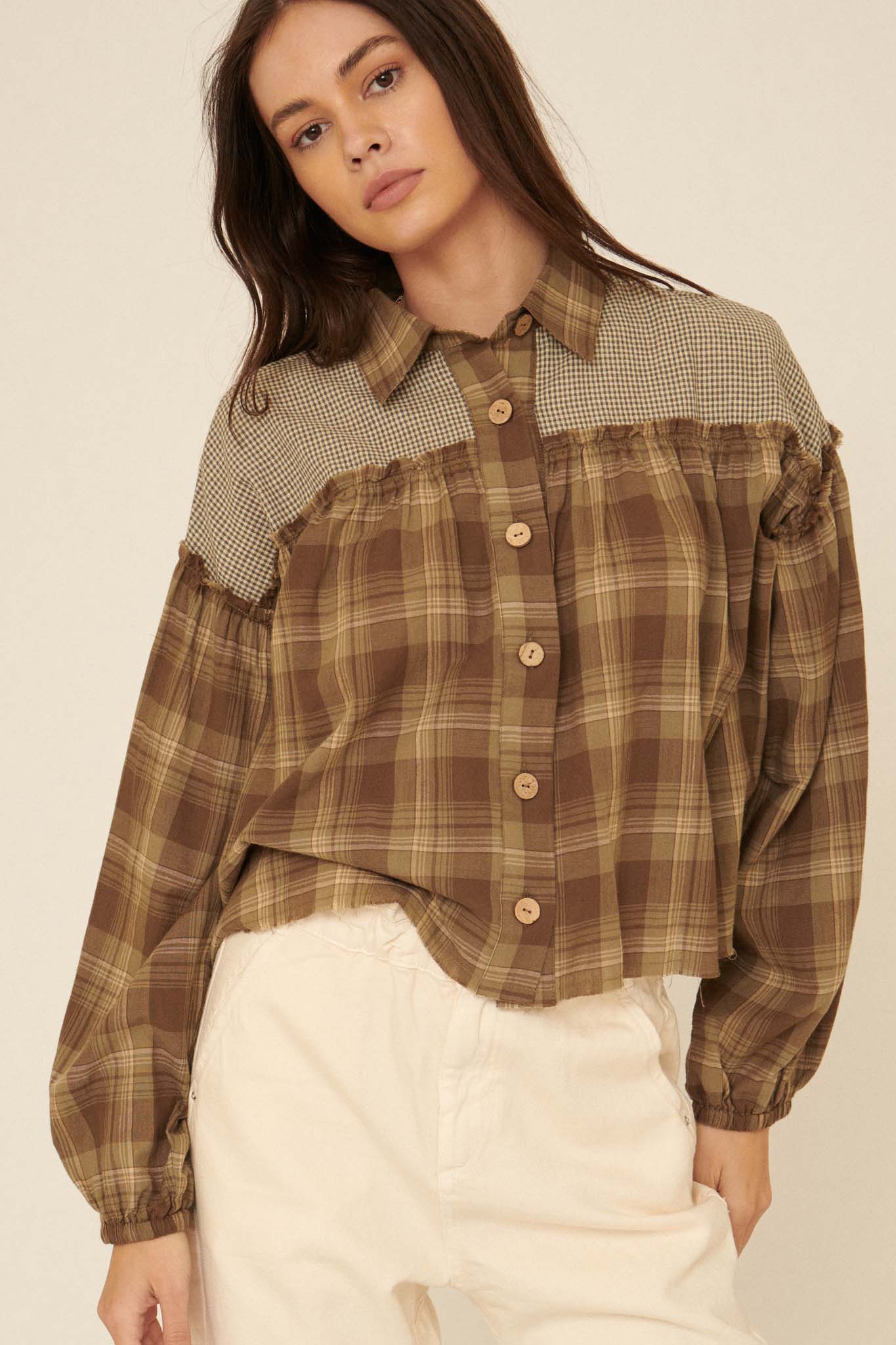 Orchard Hill Buttoned Plaid Peasant Top - ShopPromesa