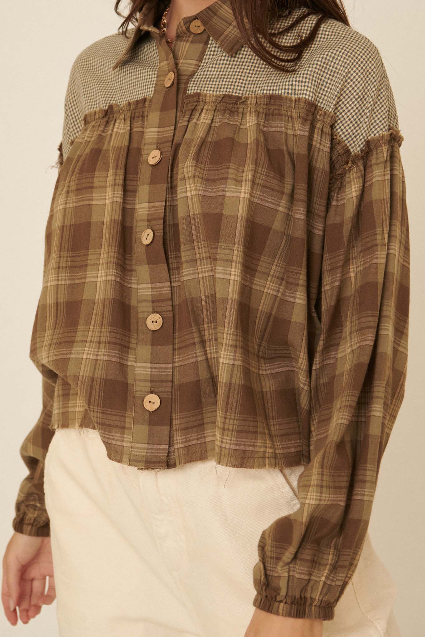 Orchard Hill Buttoned Plaid Peasant Top - ShopPromesa