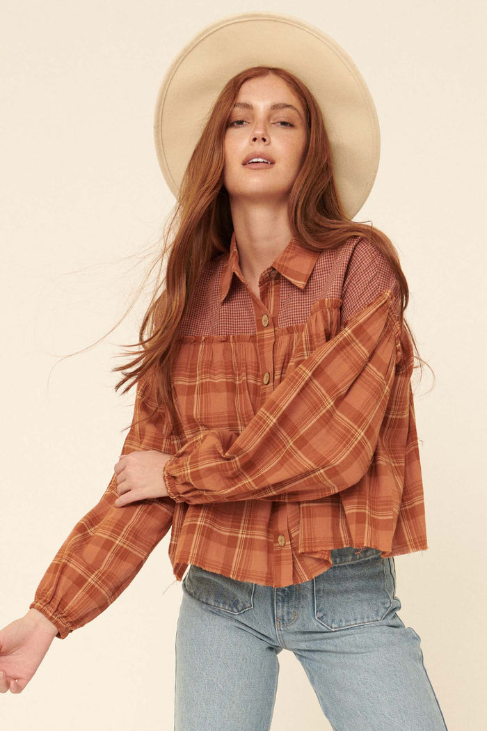 Orchard Hill Buttoned Plaid Peasant Top - ShopPromesa