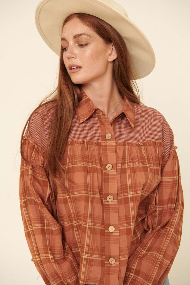Orchard Hill Buttoned Plaid Peasant Top - ShopPromesa