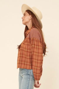 Orchard Hill Buttoned Plaid Peasant Top - ShopPromesa