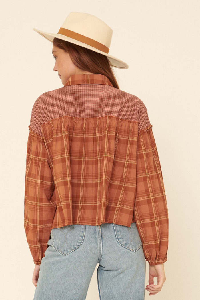 Orchard Hill Buttoned Plaid Peasant Top - ShopPromesa