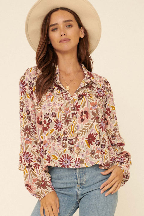 Bountiful Blooms Floral Button-Front Peasant Top - ShopPromesa