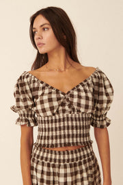 Candy Kisses Smocked Gingham Puff-Sleeve Top - ShopPromesa