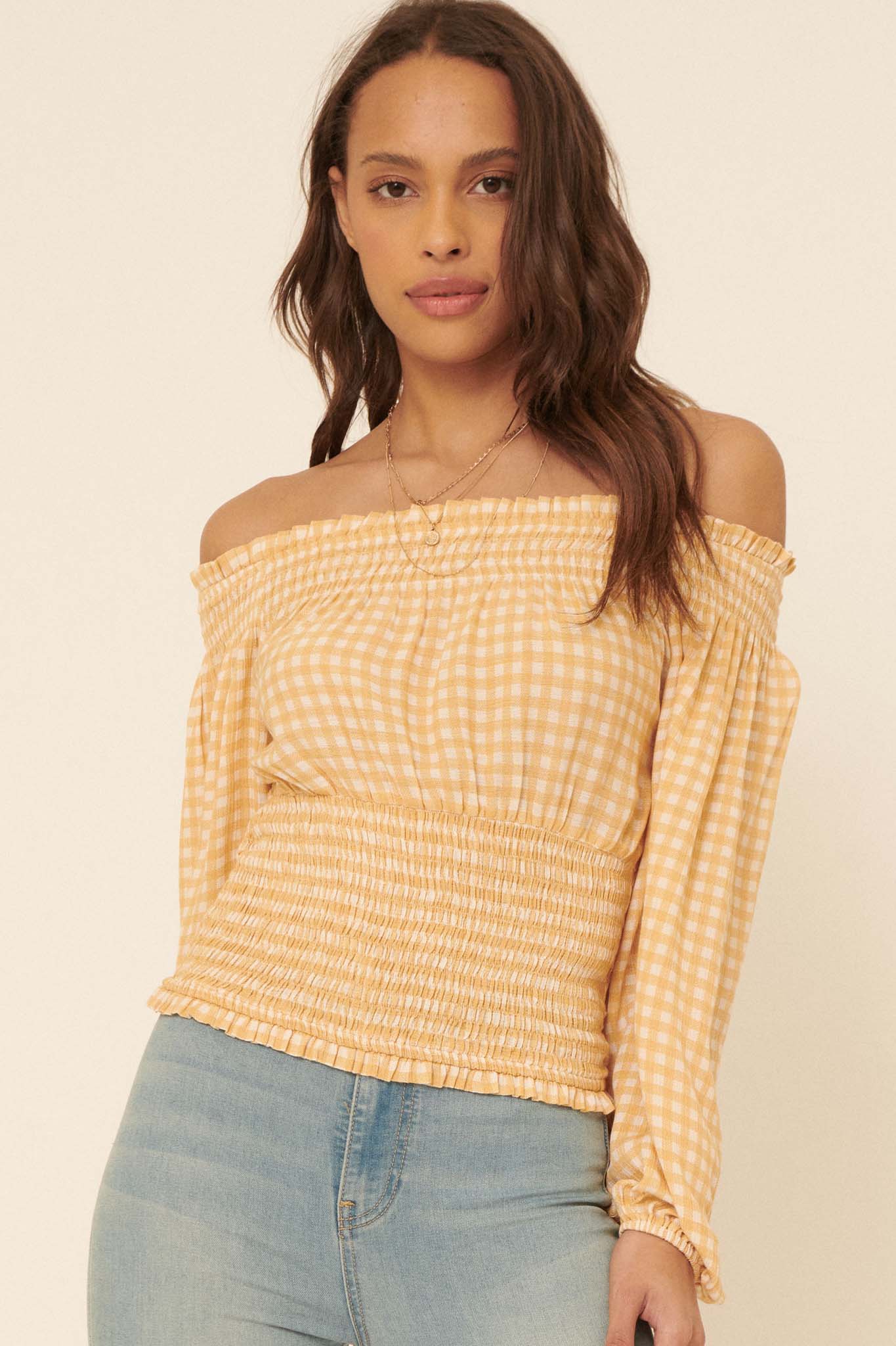 Sure Thing Off-Shoulder Plaid Peasant Top - ShopPromesa