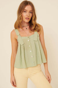 Pucker Up Buttoned Plaid Sleeveless Flared Top - ShopPromesa